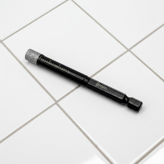 DIY Simple 8mm diamond-tipped tile drill bit with wax core, shown against tiled grout lines for cutting ceramic or stone tiles.