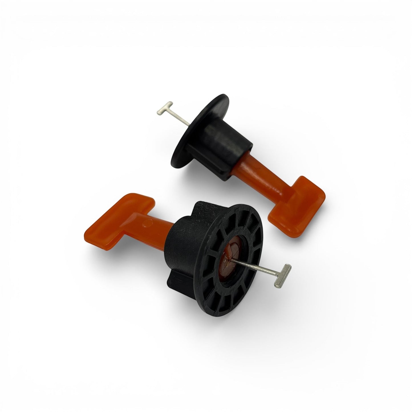 DIY Simple LTD tile leveling spinners kit with 100 spinners and 2 free wrenches for DIY tiling projects, showing the spinners and tools.