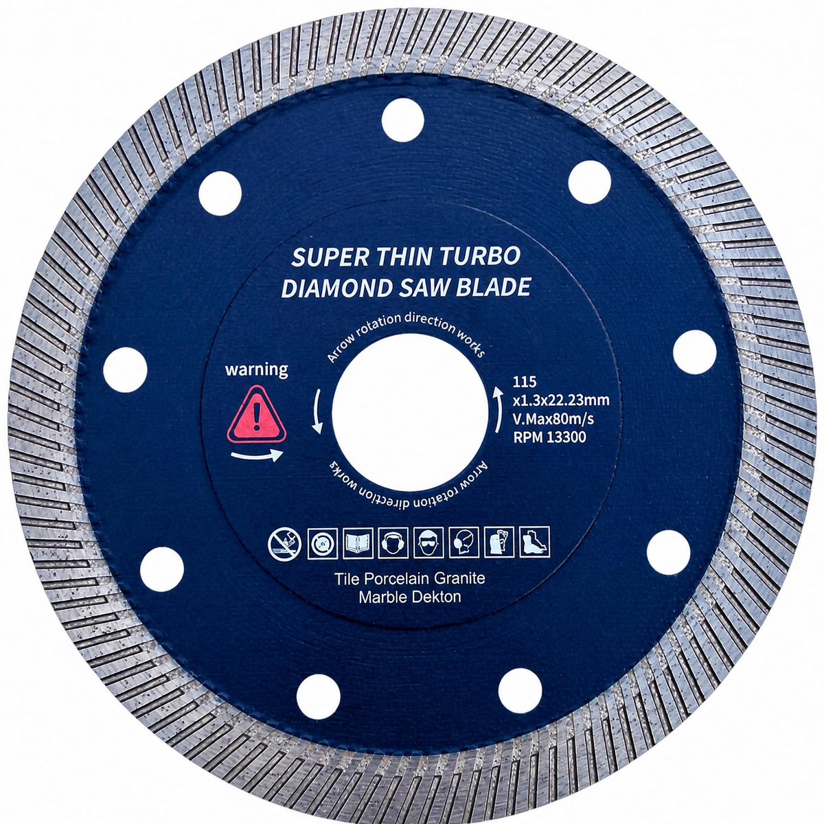 A circular diamond saw blade with a dark blue center and a silver-gray abrasive rim, shown on a plain white background. The blade has text reading 'SUPER THIN TURBO DIAMOND SAW BLADE' and lists material suitability for tile, porcelain, granite, and marble.