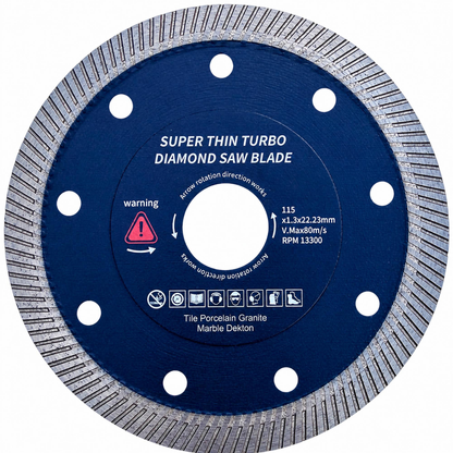 A circular diamond saw blade with a dark blue center and a silver-gray abrasive rim, shown on a plain white background. The blade has text reading 'SUPER THIN TURBO DIAMOND SAW BLADE' and lists material suitability for tile, porcelain, granite, and marble.
