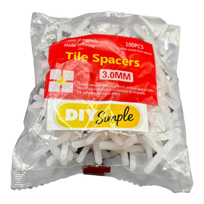 Pack of 100 DIY Simple LTD 3mm X-shaped tile spacers for tiling projects, showing evenly spaced tile spacers in a box.