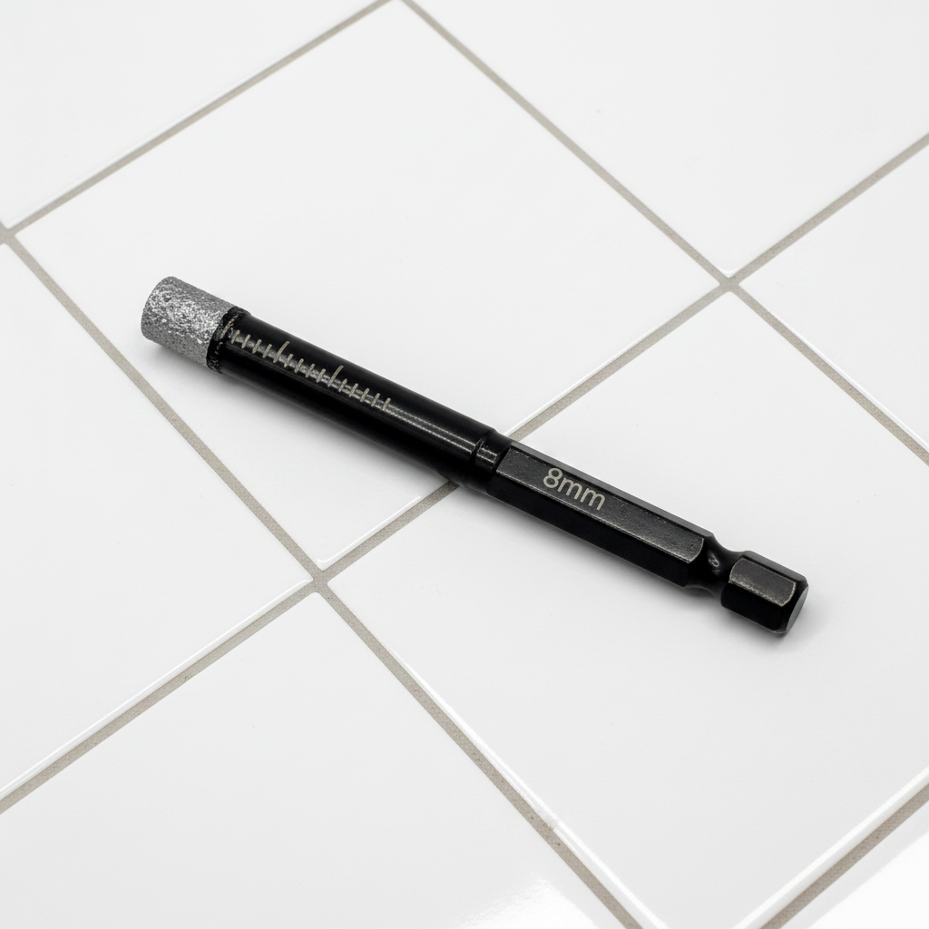 DIY Simple 8mm diamond-tipped tile drill bit with wax core, shown against tiled grout lines for cutting ceramic or stone tiles.