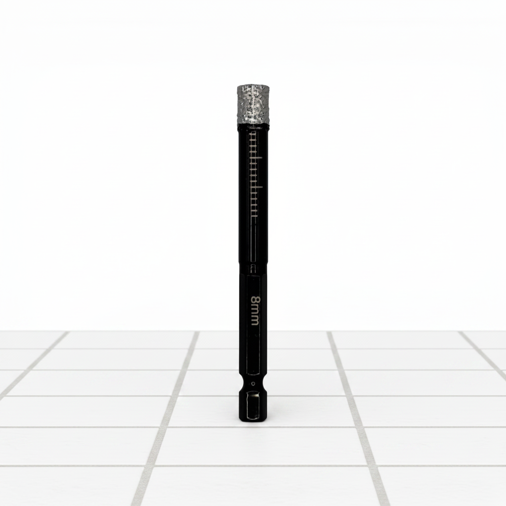 DIY Simple 8mm diamond-tipped tile drill bit standing upright on tiles, featuring a wax core for precise drilling in ceramic and stone tiles.