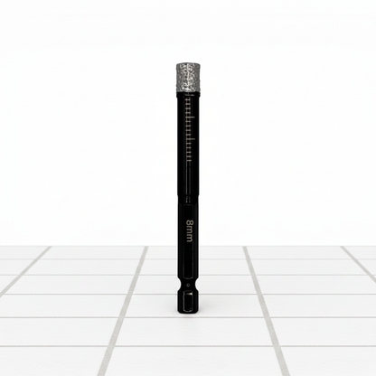 DIY Simple 8mm diamond-tipped tile drill bit standing upright on tiles, featuring a wax core for precise drilling in ceramic and stone tiles.