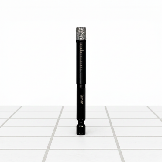DIY Simple 8mm diamond-tipped tile drill bit standing upright on tiles, featuring a wax core for precise drilling in ceramic and stone tiles.