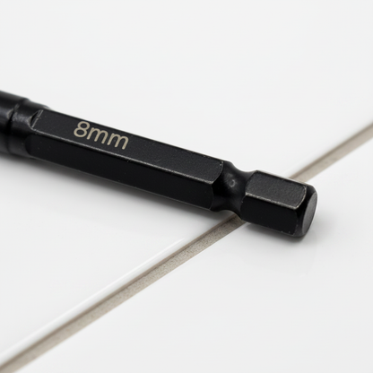 DIY Simple 8mm diamond-tipped tile drill bit with hex shank and wax core, shown close-up on tiles for precise drilling.