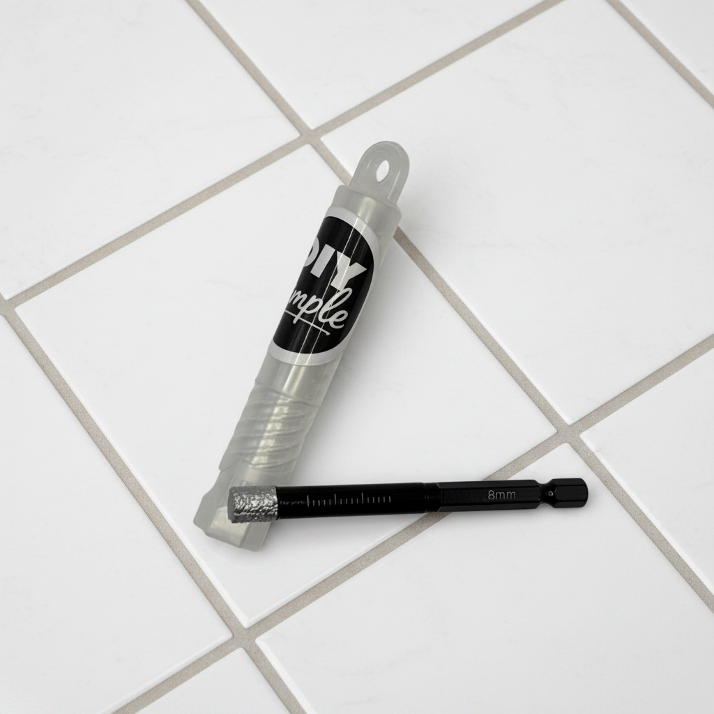DIY Simple 8mm diamond-tipped tile drill bit with wax core, shown in packaging on a tiled surface for precise drilling.